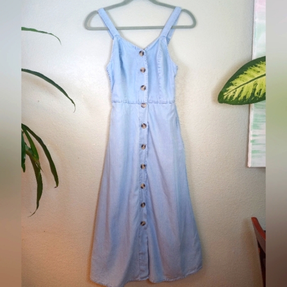 Japna Chambray Button Up Sweetheart Neckline Smocked Back Cottagecore Midi Dress - Picture 3 of 9